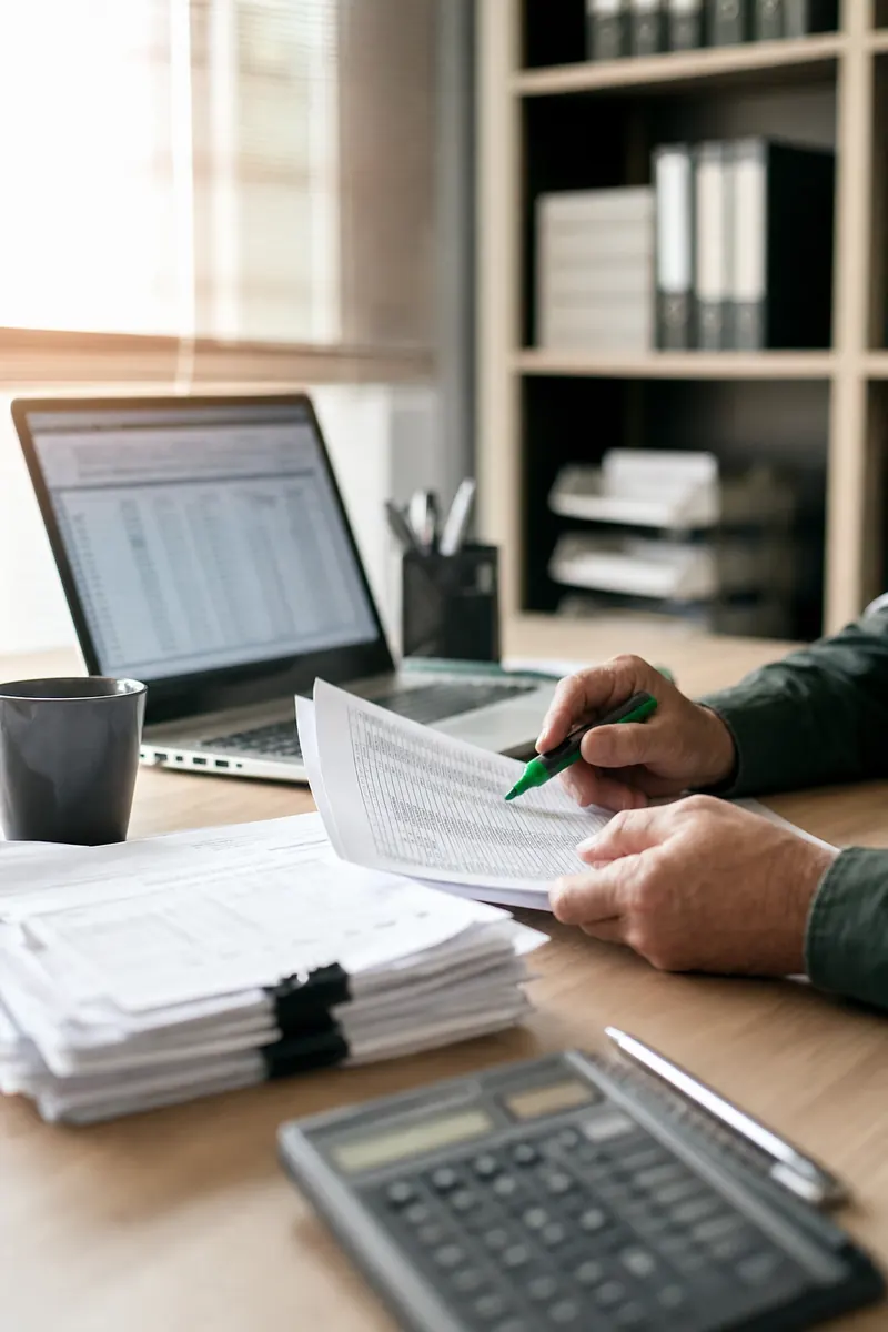 Mãos conferindo um relatório impresso com marca-texto verde, ao lado de um notebook com planilha e uma pilha de notas fiscais.